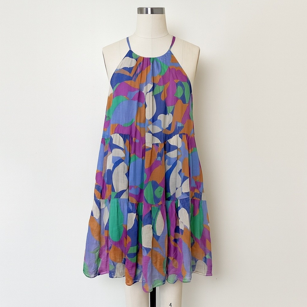 FRNCH‎ Paris Blue Abstract Print Halter Dress Sleeveless Tiered Mini XS Silk